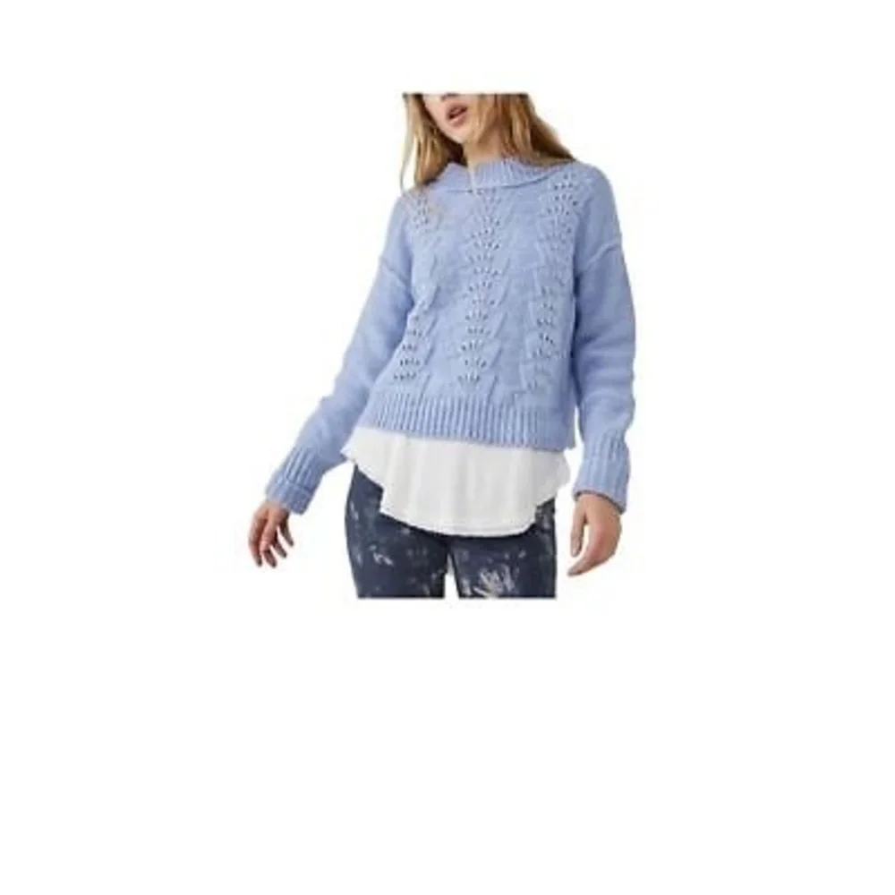 Free People Women's XS Blue Cable-Knit Pullover Sweater Chunky Knit